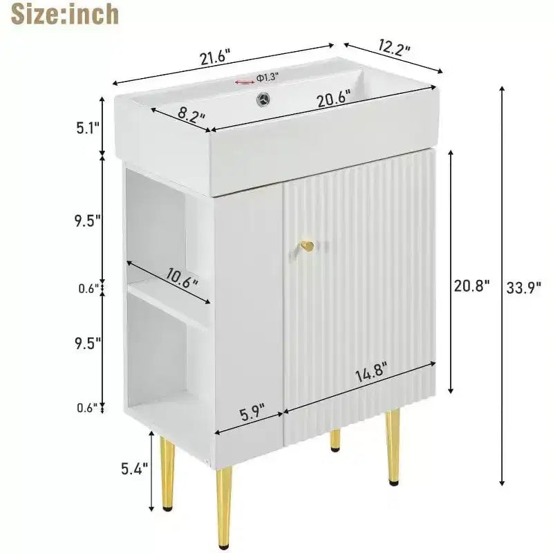 Tocador de baño de cerámica blanca y MDF de 21,6" con lavabo individual y almacenamiento lateral | Armario de almacenamiento de baño