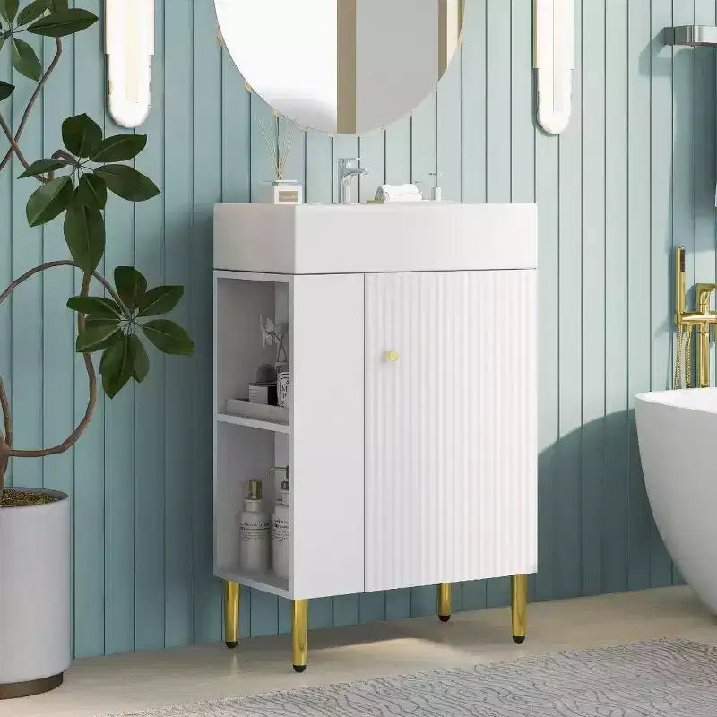 Tocador de baño de cerámica blanca y MDF de 21,6" con lavabo individual y almacenamiento lateral | Armario de almacenamiento de baño