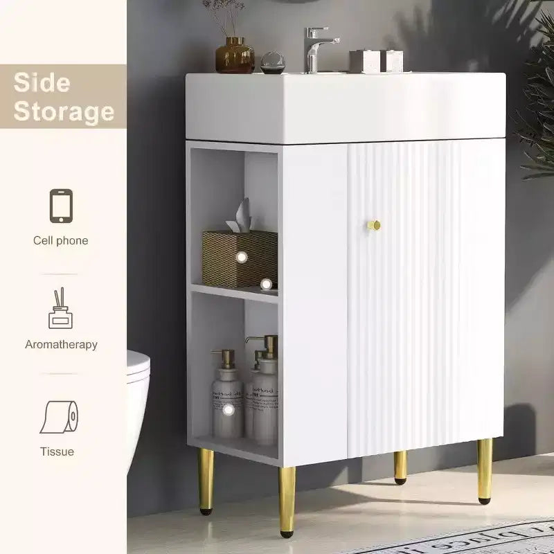 Tocador de baño de cerámica blanca y MDF de 21,6" con lavabo individual y almacenamiento lateral | Armario de almacenamiento de baño