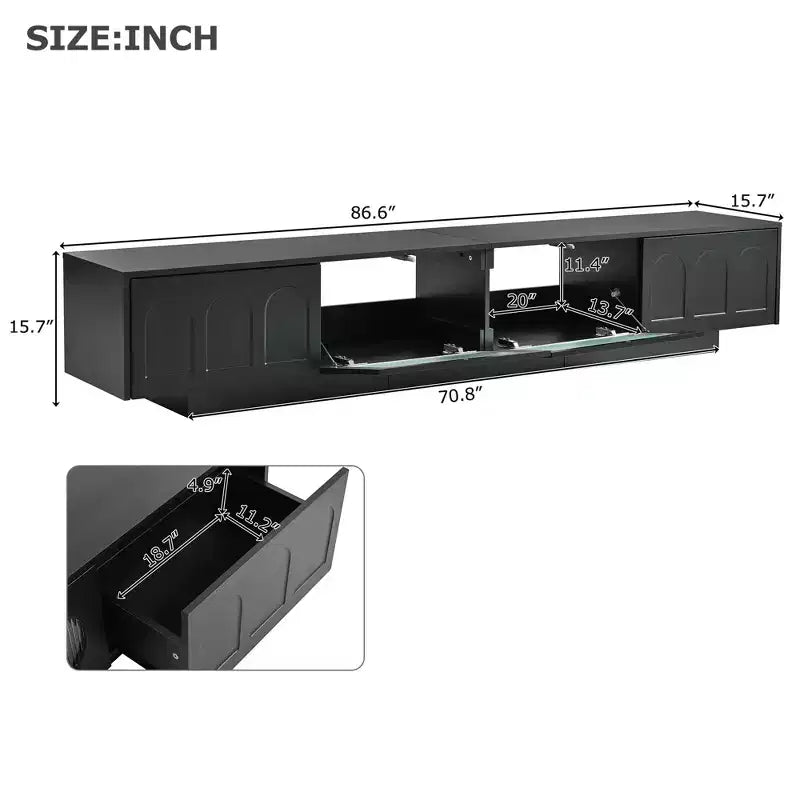 Mueble de TV con Puertas de Cristal Templado Ranurado y Tira LED Bluetooth, para TVs de hasta 95", 2 Cajones