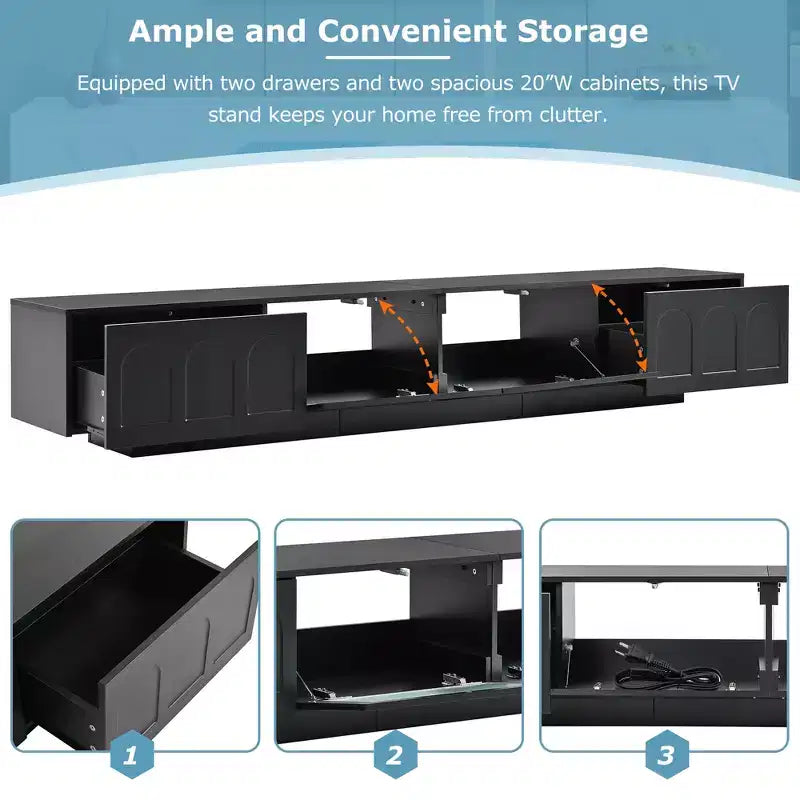 Mueble de TV con Puertas de Cristal Templado Ranurado y Tira LED Bluetooth, para TVs de hasta 95", 2 Cajones