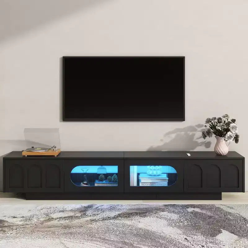 Mueble de TV con Puertas de Cristal Templado Ranurado y Tira LED Bluetooth, para TVs de hasta 95", 2 Cajones