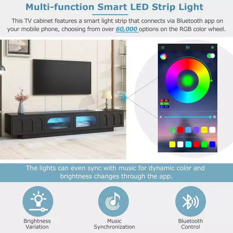Mueble de TV con Puertas de Cristal Templado Ranurado y Tira LED Bluetooth, para TVs de hasta 95", 2 Cajones