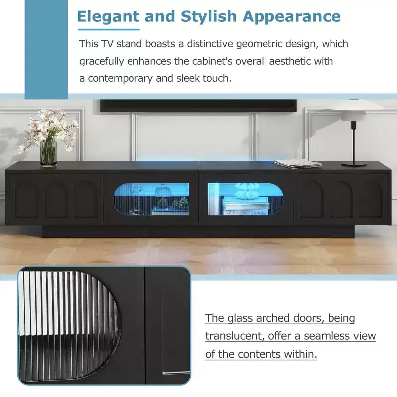 Mueble de TV con Puertas de Cristal Templado Ranurado y Tira LED Bluetooth, para TVs de hasta 95", 2 Cajones