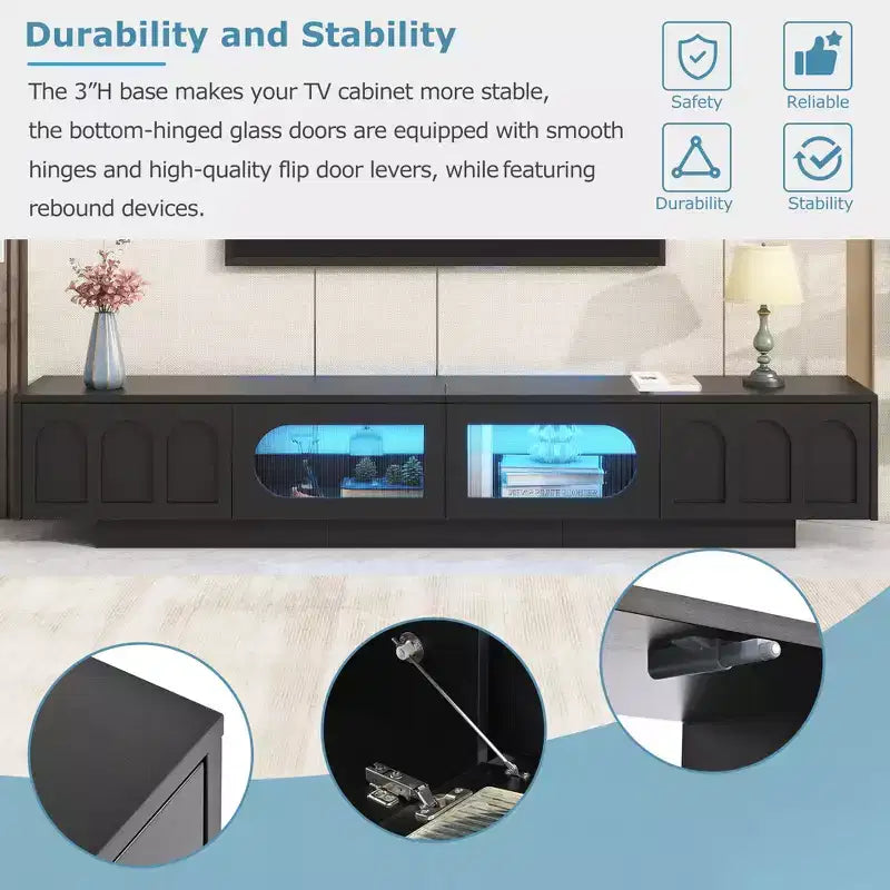 Mueble de TV con Puertas de Cristal Templado Ranurado y Tira LED Bluetooth, para TVs de hasta 95", 2 Cajones