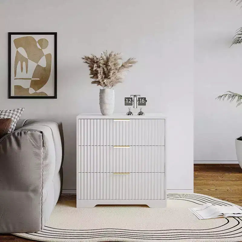 27 Inch Wide White Nightstand 3 Drawers Modern Fluted Wood Bedside Table Large Storage Accent Cabinet Dresser For Bedroom Living Room Home Furniture
