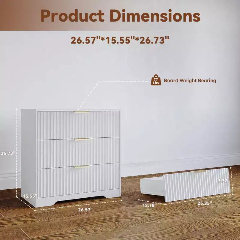 Mesita de Noche Blanca de 27 Pulgadas de Ancho con 3 Cajones, Mesa Auxiliar Moderna Acanalada de Madera, Gabinete Grande de Almacenamiento, Cómoda para Dormitorio, Sala de Estar, Muebles para el Hogar