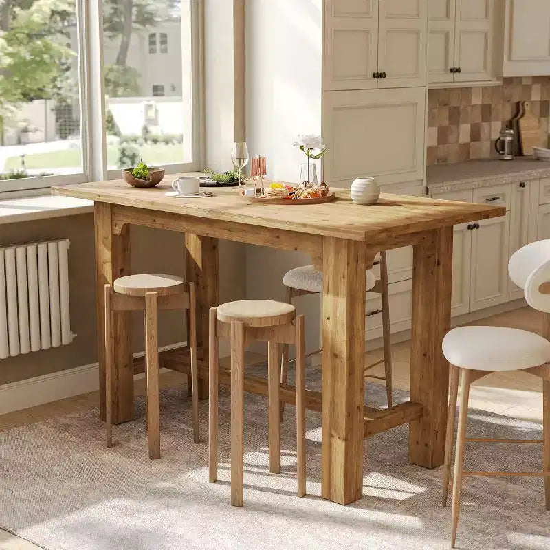 Lantine Solid Wood Bar Table, 63-Inch Long Counter Height Pub Table, High Home Bar Furniture for Kitchen