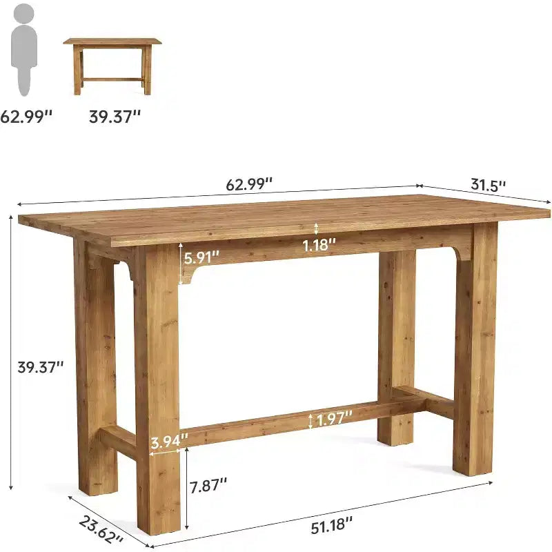 Mesa de bar de madera maciza de 63" de altura de mostrador, mesa alta de pub de 39.4" para cocina y bar en casa, con capacidad para 4 personas