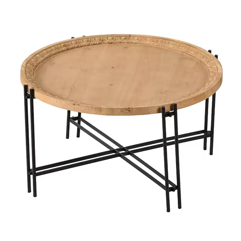 Farmhouse Round Wooden Coffee Table with Metal Legs D32x18